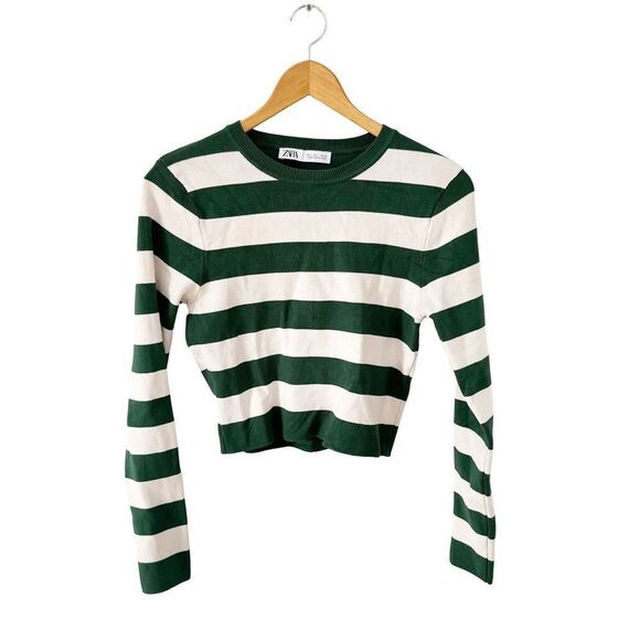 Zara NWOT Green Cream Striped Crop Long Sleeve Crewneck Sweater - Picture 2 of 7